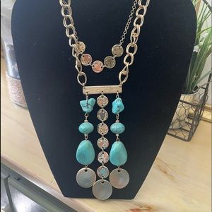 Chicos Faux Turquoise  Long Gold Tone Bold Statement Multi Layer Necklace - NWOT